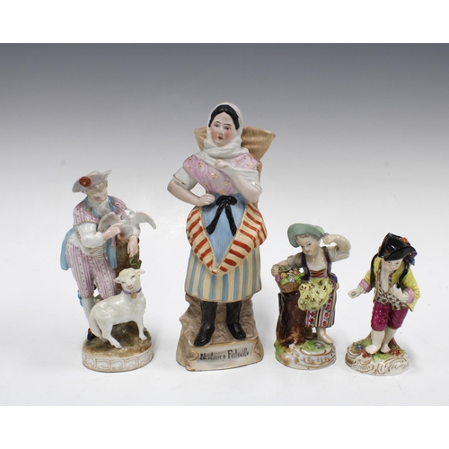 93 - Biscuit porcelain figure of a Newhaven Fishwife, 22cm high,  together with three various Meissen sty... 