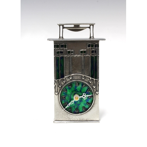 97 - A modern Arts and Crafts style pewter and enamel clock by A E Williams, after a design by Archibald ... 