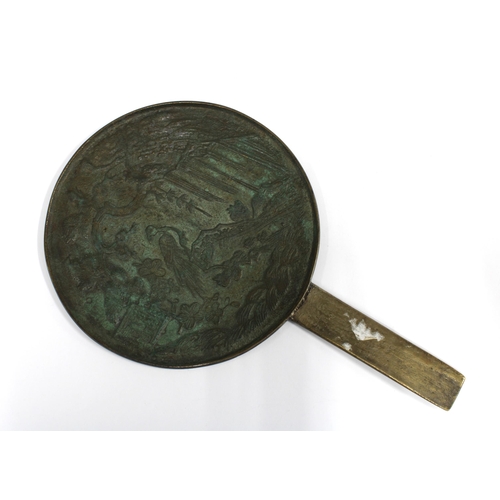 99 - Early 20th century Japanese bronze hand mirror with fitted case and retailed by Garrards, 27.5cm lon... 