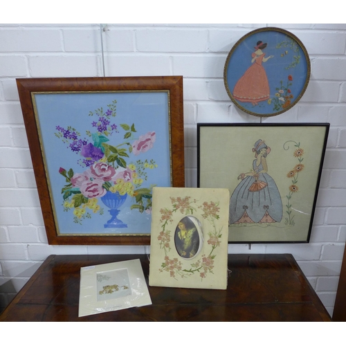 522 - Three framed embroideries, largest 42 x 50cm, an embroidered picture frame and an unframed print of ... 