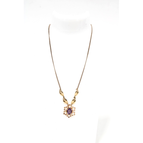 1 - 9ct gold amethyst and pearl flowerhead necklace, stamped 375