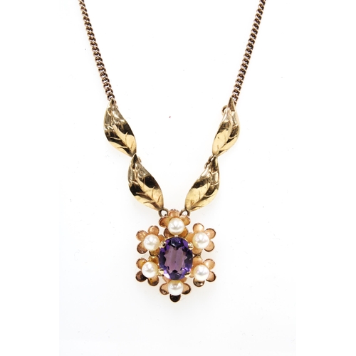 1 - 9ct gold amethyst and pearl flowerhead necklace, stamped 375