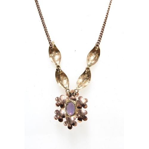 1 - 9ct gold amethyst and pearl flowerhead necklace, stamped 375