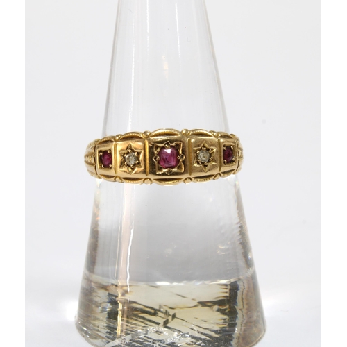 10 - Victorian 18ct gold ruby and diamond five stone ring, Birmingham 1898