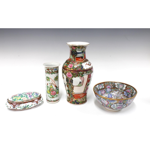 105 - Famille Rose  to include a vase, 30cm, together with a smaller vase, bowl, and trinket pot with cove... 