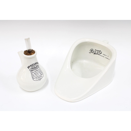 107 - Dr Nelson's improved inhaler, 21cm, together with a Boots bedpan (2)