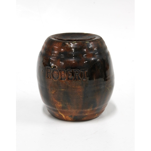 113 - 19th century Scottish Pottery spongeware money bank in the form of a barrell, engraved Robert, 9cm