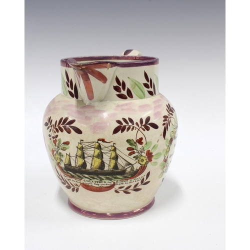 117 - 19th century Sunderland lustre jug, printed and painted with a shipping scene, 'Columbus The Largest... 