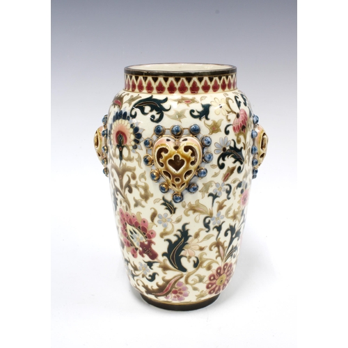 119 - Zsolnay Pecs vase with floral pattern and pierced bosses, printed factory marks and a drill hole to ... 