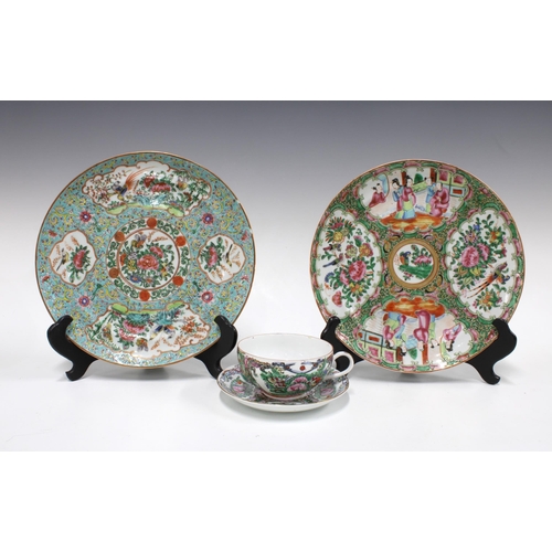 120 - Two Chinese famille rose plates, 24.5cm, together with a cup and saucer (4)