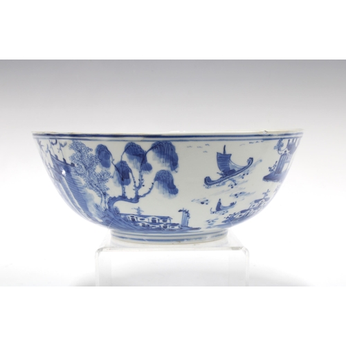 123 - Chinese blue and white Willow pattern bowl, with four character Kangxi marks to the base but likely ... 