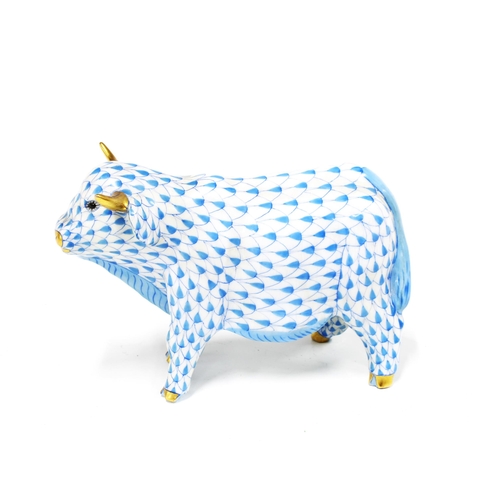 125 - Herend handpainted fishnet blue porcelain cow, printed factory marks and model number 502, 8.5cm