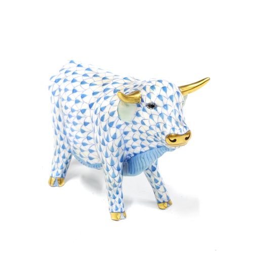 125 - Herend handpainted fishnet blue porcelain cow, printed factory marks and model number 502, 8.5cm