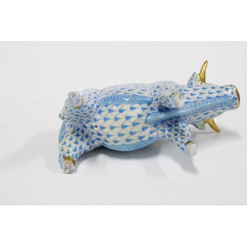 125 - Herend handpainted fishnet blue porcelain cow, printed factory marks and model number 502, 8.5cm