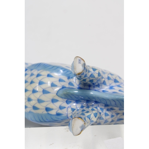 125 - Herend handpainted fishnet blue porcelain cow, printed factory marks and model number 502, 8.5cm