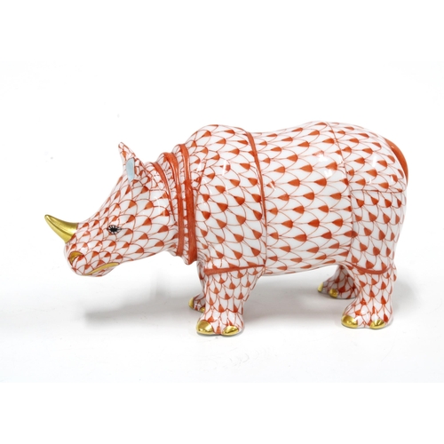 127 - Herend handpainted fishnet porcelain rhino, printed factory marks and model number 15333, 6.5cm