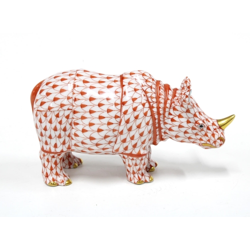 127 - Herend handpainted fishnet porcelain rhino, printed factory marks and model number 15333, 6.5cm