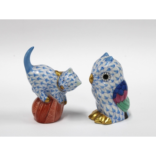 131 - Herend handpainted fishnet porcelain owl, printed factory marks and model number 5102, 4.5cm, togeth... 