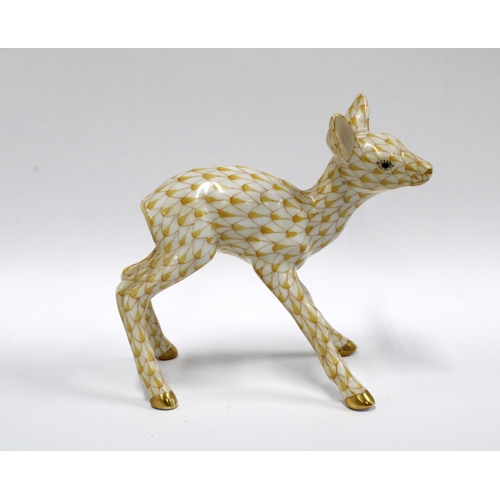 139 - Herend handpainted fishnet porcelain fawn, printed factory marks and model number 15621, 10 x 10cm