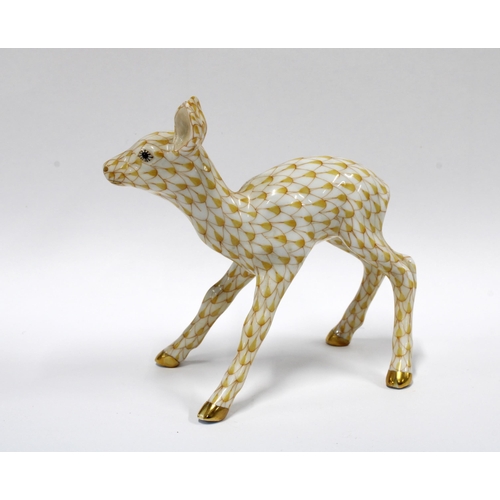 139 - Herend handpainted fishnet porcelain fawn, printed factory marks and model number 15621, 10 x 10cm