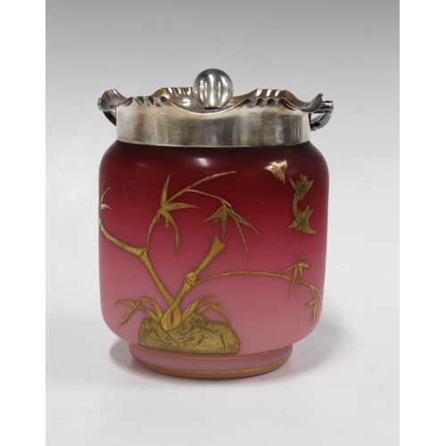 144 - Victorian pink satin glass and Epns biscuit barrel  with gilt chinoiserie decoration,  15cm excludin... 