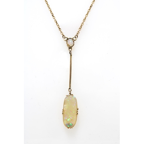 15 - 15ct gold opal pendant necklace, claw set with oval opal, suspending a larger opal  from a knife bar... 