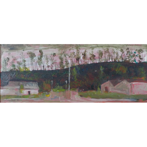 161 - RAE LOVELL (20TH CENTURY SCHOOL) HILLS NEAR JEDBURGH, oil on board, signed and dated 82, framed 28 x... 