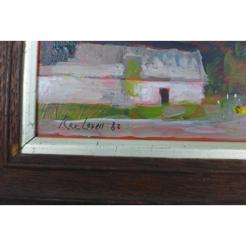 161 - RAE LOVELL (20TH CENTURY SCHOOL) HILLS NEAR JEDBURGH, oil on board, signed and dated 82, framed 28 x... 