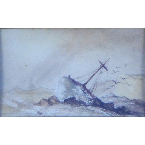 162 - Small watercolour of a shipwreck, apparently unsigned, under glass within an ornate gilt frame, size... 