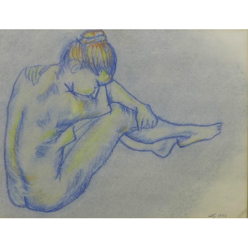 167 - Female nude life study sketch in pastels, signed with initials LAS and dated 1990, framed under glas... 