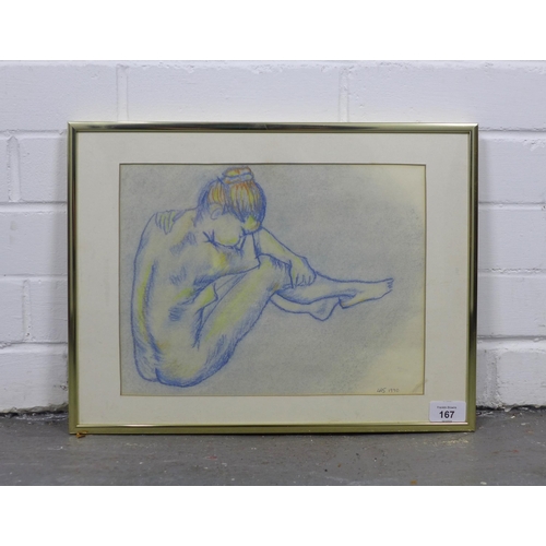 167 - Female nude life study sketch in pastels, signed with initials LAS and dated 1990, framed under glas... 