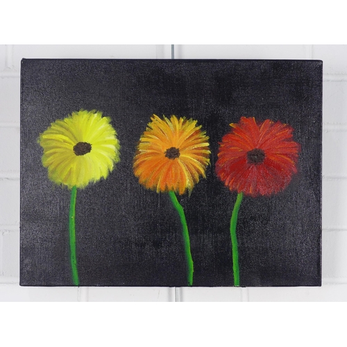 169 - Untitled acrylic on canvas of three gerbera, unsigned, 40 x 30cm