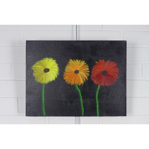 169 - Untitled acrylic on canvas of three gerbera, unsigned, 40 x 30cm