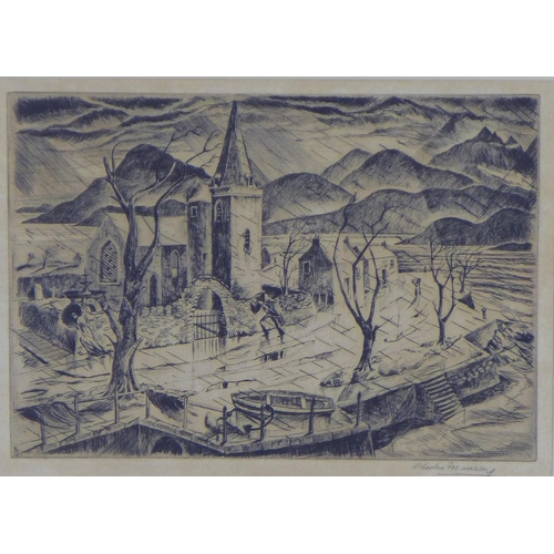 170 - CHARLES MURRAY, signed etching of a blustery day, framed under glass, 25 x 18cm