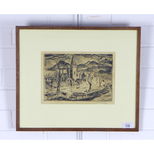 170 - CHARLES MURRAY, signed etching of a blustery day, framed under glass, 25 x 18cm