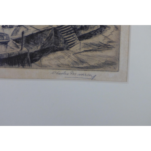 170 - CHARLES MURRAY, signed etching of a blustery day, framed under glass, 25 x 18cm