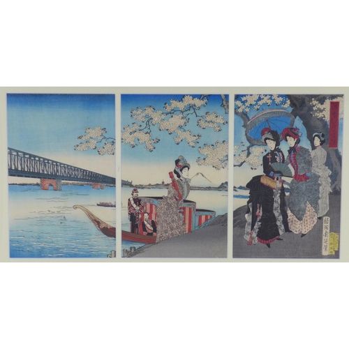 176 - TOYOHARA CHIKANOBU (1893 - 1912) triptych print of The Empress and her following on an outing to vie... 