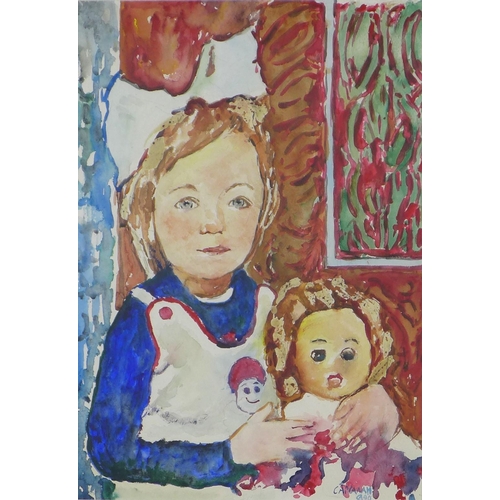 177 - RUSSIAN SCHOOL, watercolour of a girl and her doll, signed indistinctly, framed under glass, 36 x 52... 