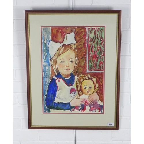 177 - RUSSIAN SCHOOL, watercolour of a girl and her doll, signed indistinctly, framed under glass, 36 x 52... 