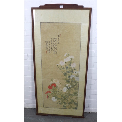 180 - Japanese School ink and watercolour of chrysanthemums in the manner of YUN SHOUPING, framed under gl... 