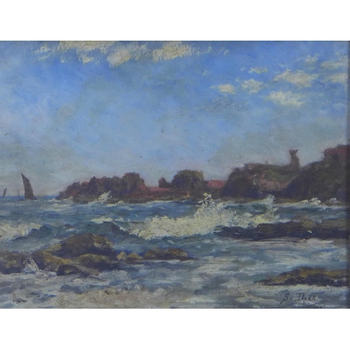 185 - STEWART DICK, signed oil on board of Dunbar Castle, dated 1955, framed under glass, 28 x 22cm