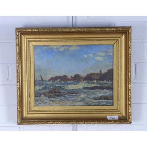 185 - STEWART DICK, signed oil on board of Dunbar Castle, dated 1955, framed under glass, 28 x 22cm