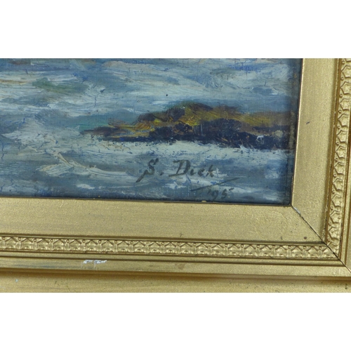 185 - STEWART DICK, signed oil on board of Dunbar Castle, dated 1955, framed under glass, 28 x 22cm