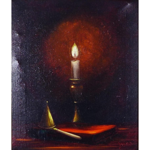 186 - WARD, an untitled oil on canvas of a burning candle, signed and framed, 20 x 24cm