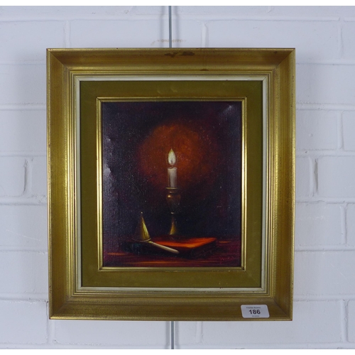 186 - WARD, an untitled oil on canvas of a burning candle, signed and framed, 20 x 24cm