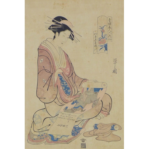 188 - Japanese woodblock print of a Geisha, inscribed verso 'From the collection of Peter Collins RSA', fr... 