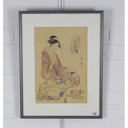 188 - Japanese woodblock print of a Geisha, inscribed verso 'From the collection of Peter Collins RSA', fr... 