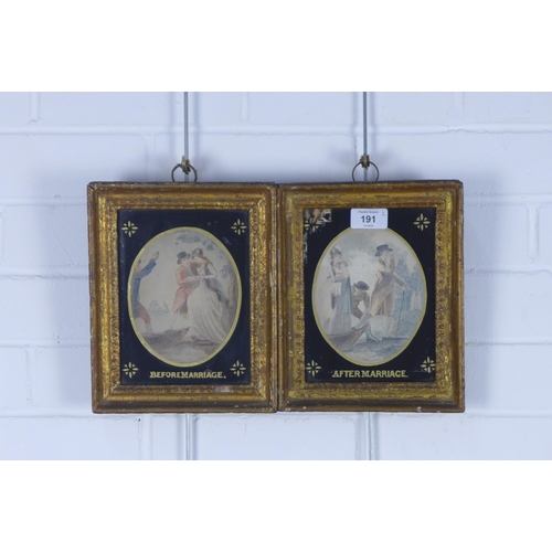 191 - Before Marriage & After Marriage, two prints in verre eglomise frames, 20 x 24cm (2)