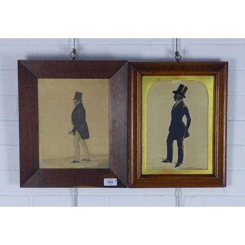 193 - Framed silhouette together with a silhouette sketch of a Gent in top hat,  21 x 27cm (2)