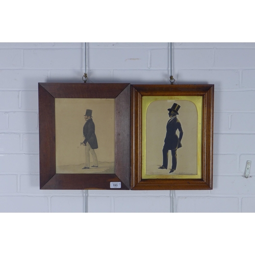 193 - Framed silhouette together with a silhouette sketch of a Gent in top hat,  21 x 27cm (2)